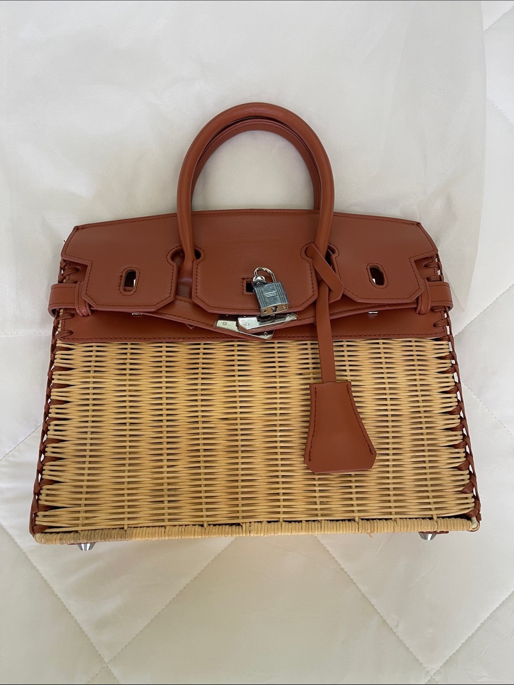 Woven Satchel with Brown Leather Trim and Top Handles